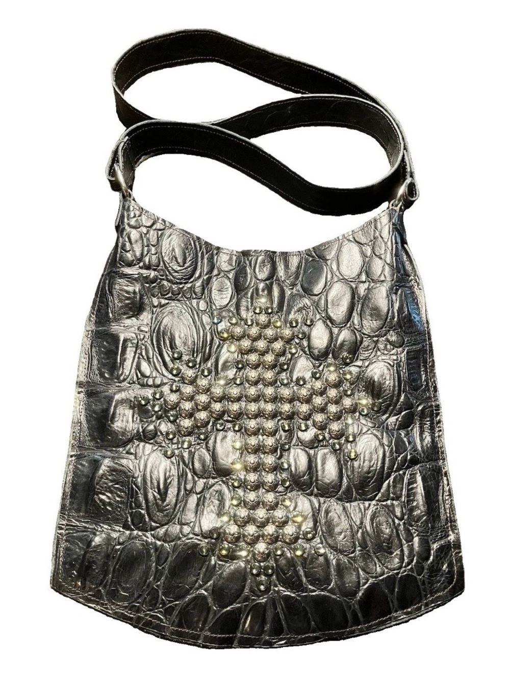 Kurtmen Black Alligator Crossbody with Cross Studs and Rhinestones.